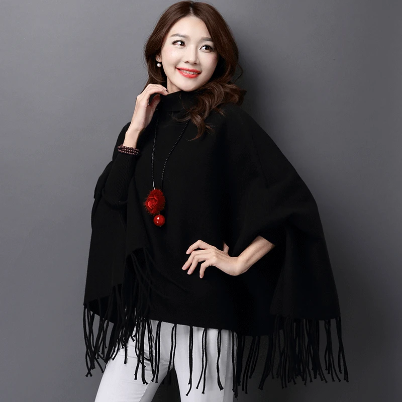 7 Colors Tassel Poncho Overcoat Autumn Knitted Long Bat Sleeves Korean Version Loose Sweater Women High Neck Pullovers Knitwear