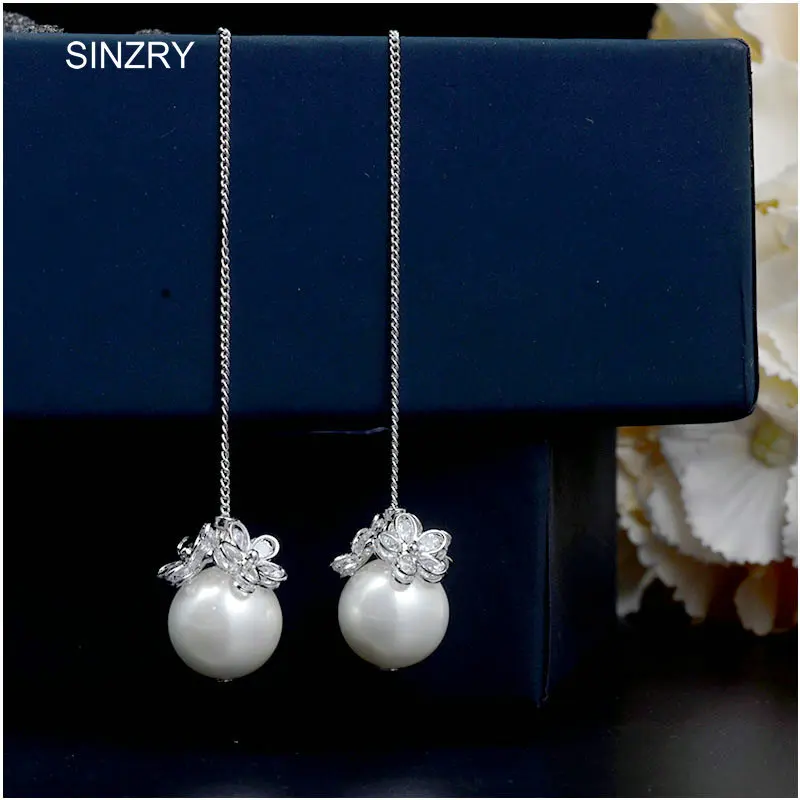 Brand new SINZRY Personality White cut cubic zircon simulated pearl long earrings line Korean drop Earrings women