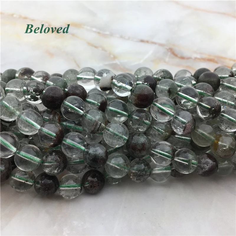 Boho Polished Round Green Moss Phantom Crystal Loose Beads, 15.5