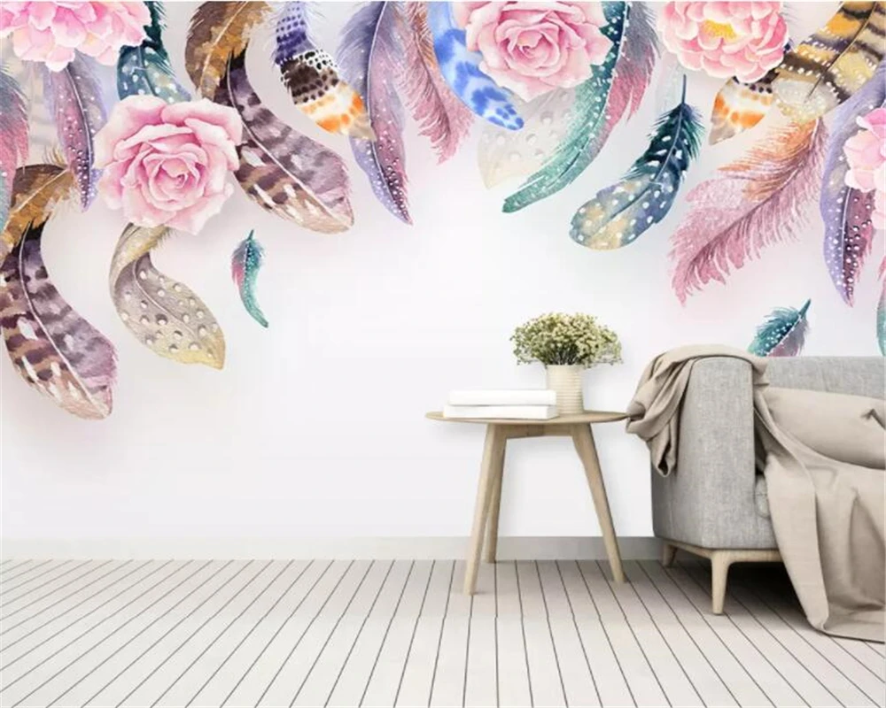 

Customized children's room decoration 3d wallpaper mural Small fresh watercolor feather floral 3d wallpaper behang