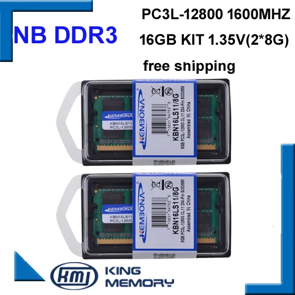 KEMBONA — 16 Go de RAM DDR3/DDR3L Pour ordinateur portable, lot de 2x8 RAM, à faible consommation 1,35 V, SO-DIMM, PC3L-12800S, 204 broches, nouvel