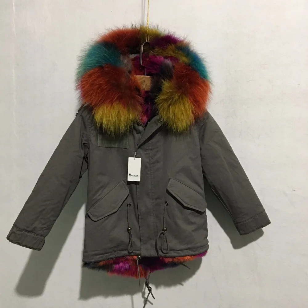 Winter Fashion Colorful Nice Rabbit Fur Parka For Kids Dark Gray Shell Cotton Fabric Coat With Raccoon Fur Collar