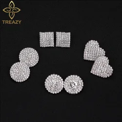 TREAZY Silver Color Rhinestone Sqaure/Round/Heart Stud Earrings For Women Fashion Wedding Prom Jewelry Gifts Femme Brincos