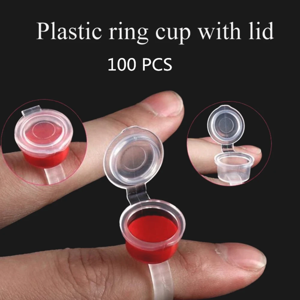 100Pcs Ink Cups Tattoo Pigment Ring Ink Holder Cup Container With Lid Cover Cap Permanent Makeup Microblading Tool