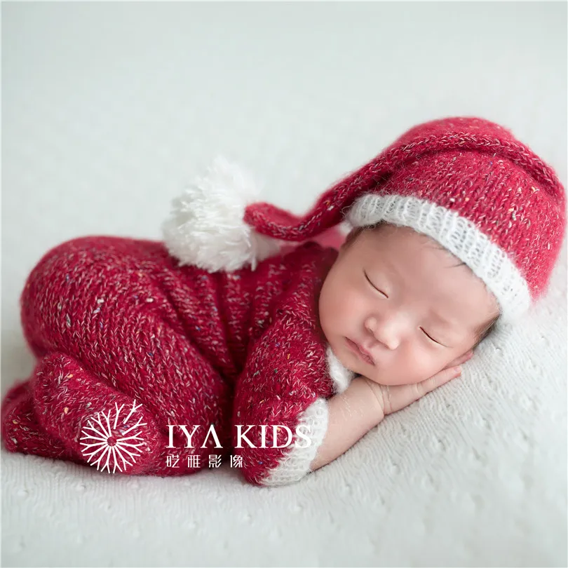 

Newborn Christmas Outfit Knit Baby Sleeper Hat Vintage Newborn Footed Romper Crochet Onesie Neutral Baby Photography Bonnet Prop