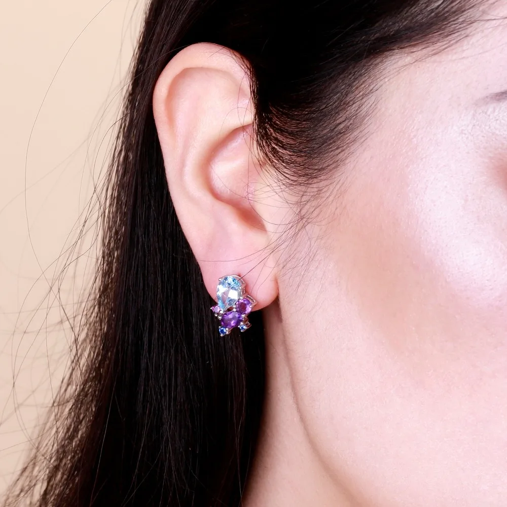 GEM\'S BALLET 925 Sterling Silver Colorful Modern Irregular Earrings Natural Blue Topaz Amethyst Stud Earrings for Women Bijoux