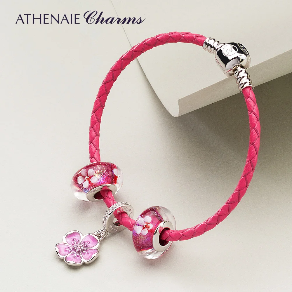 ATHENAIE  Flower Murano Glass Beads & Romantic Pink Enamel Plum Blossom Pendants Rose Red Leather Braided Braeclet for Girl Gift