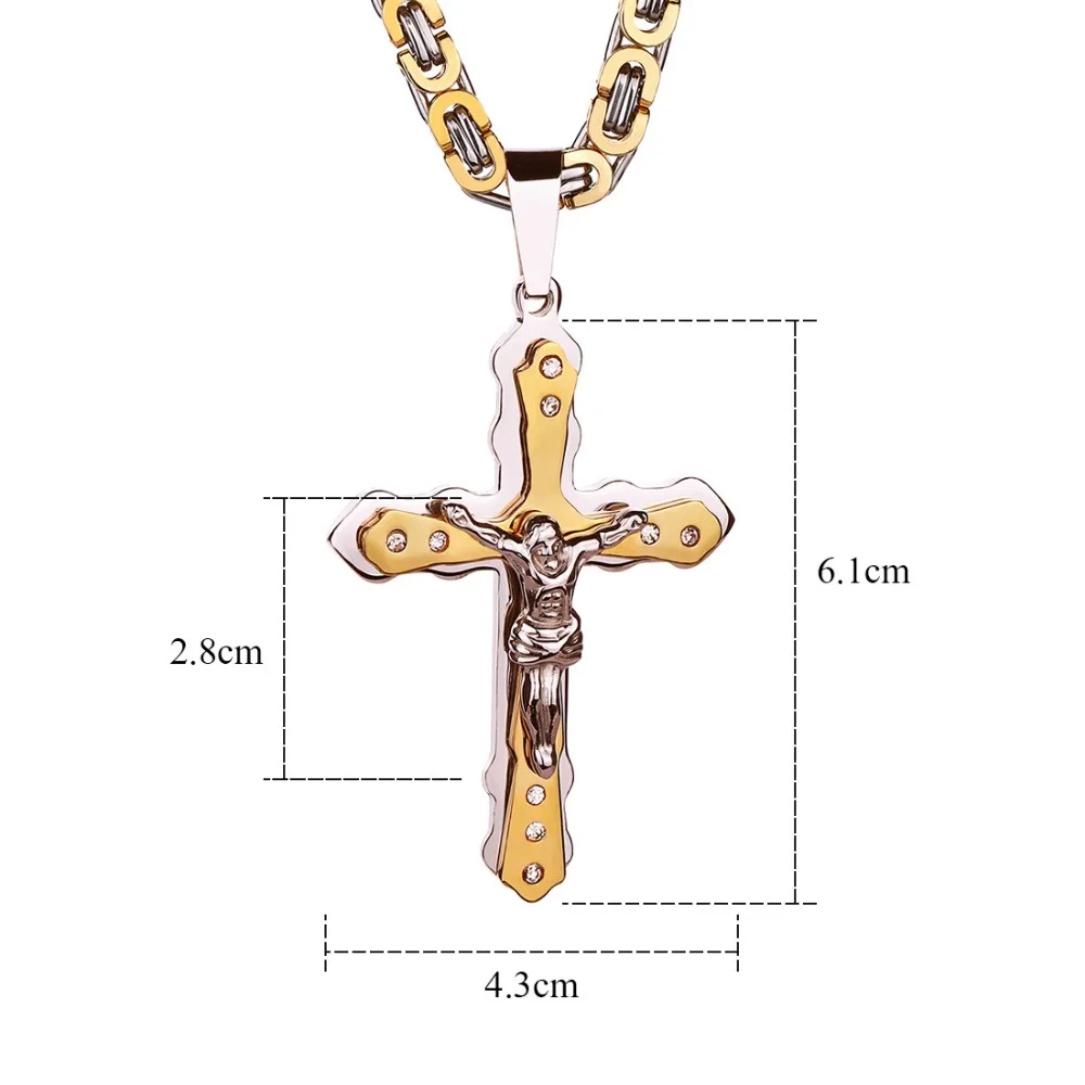 Christian Jesus Cross Crystal Pendant Necklaces Thick Link Byzantine Chain Stainless Steel Men Jewelry Colar Gift