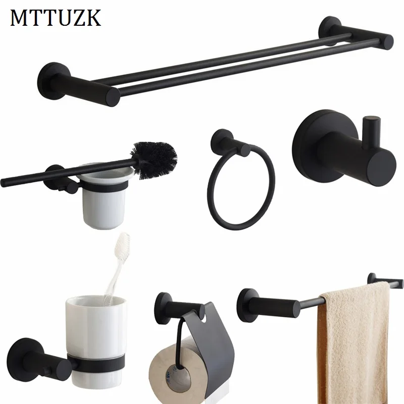 MTTUZK Black Stainless Steel Toilet Paper Holder Clothes Hook Towel Ring Toilet Brush Holder Wall Mount Bath Hardware Sets