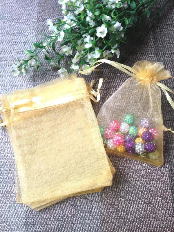 Sacs en Organza à tiroirs de couleur or, livraison gratuite 100 pièces, sachets pour cadeaux de noël de mariage, 9x12cm