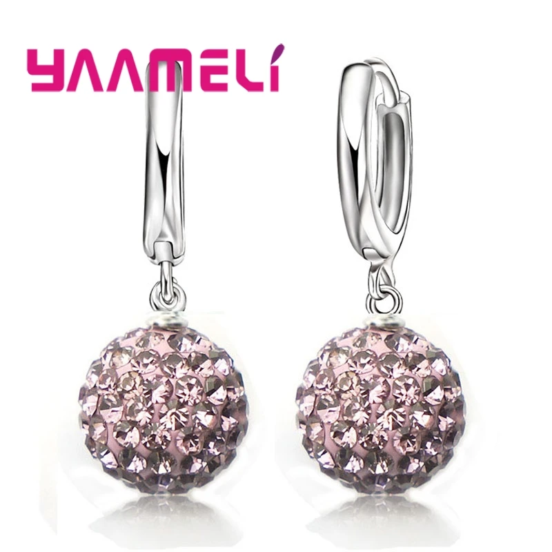 Hot Sale 925 Sterling Silver Earrings Austrian Crystal Pave Disco Ball Hoop Lever Back Huggie Pendientes Women Girls Jewelry