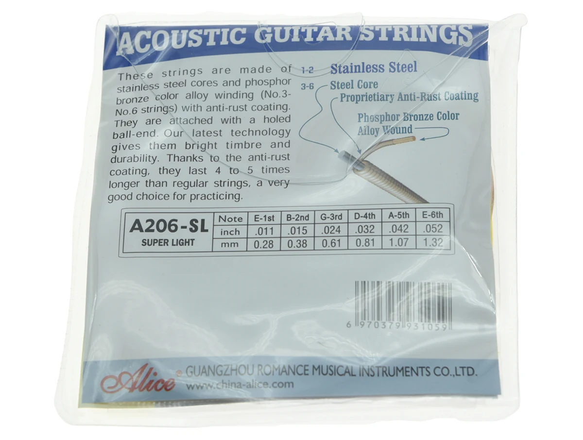 Set of Alice Stainless Steel Folk Acoustic Guitar String Super Light Stings 1st-6th (.011-.052)