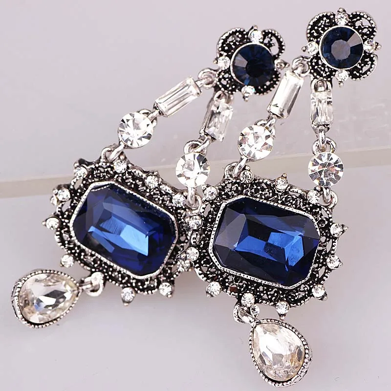 Blue&White Glass Ancient Gold Earring Women's Fashion Earrings New arrival brand sweet metal with gems stud for women girl