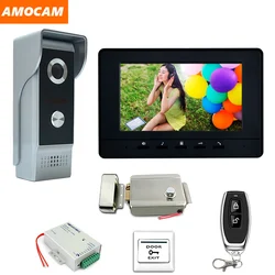 Monitor de 7 polegadas com fio, kit com sistema de intercomunicação por vídeo, campainha, câmera de liga de alumínio, bloqueio eletrônico e controle remoto