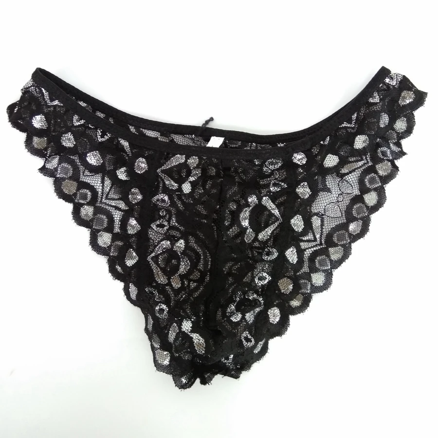 Mens Pouch Bikini Sexy Lace Underwear  Floral Lace Black silver  briefs