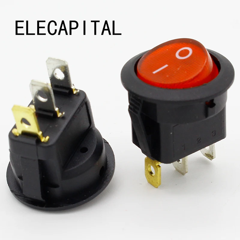 Promocja! 10 szt. Czerwone światło ON-OFF SPST Okrągły przełącznik kołyskowy 6A/250V 10A/125V AC