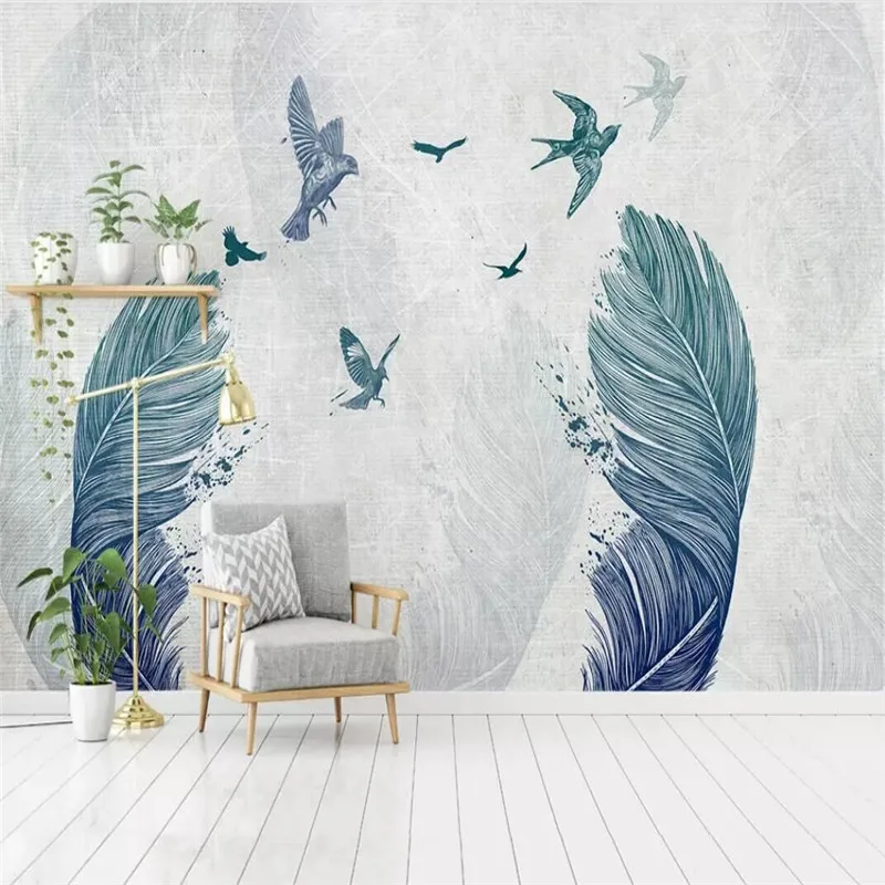 Simple watercolor feather bird TV background wall professional custom high-end mural factory wholesale wallpaper mural photo wal