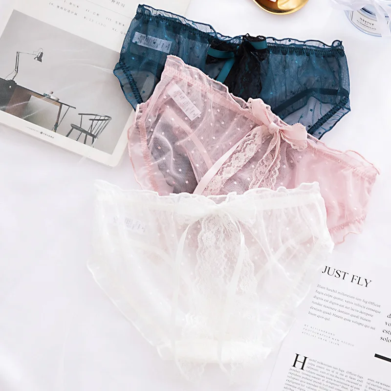 Dot Mesh Breathable Women Panties Sexy Hollow Transparent Female Underwear Bow Tie Ribbon Cute Lovely Lace Low Waist Breifs