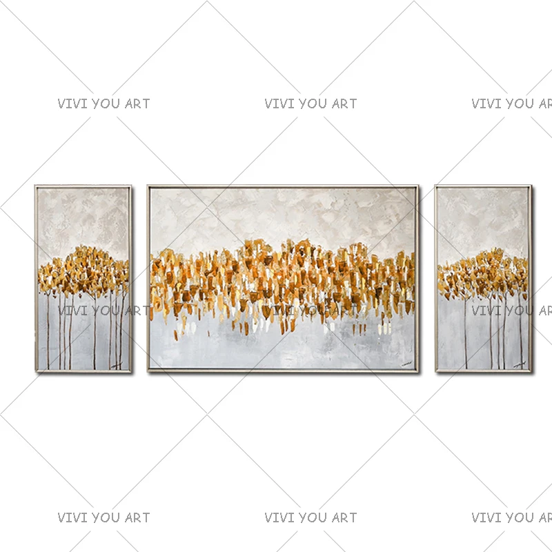 High Quality Artist Handmade Modern Abstract Oil Painting on Canvas 3Pieces Golden Color Abstract Wall Art Picture