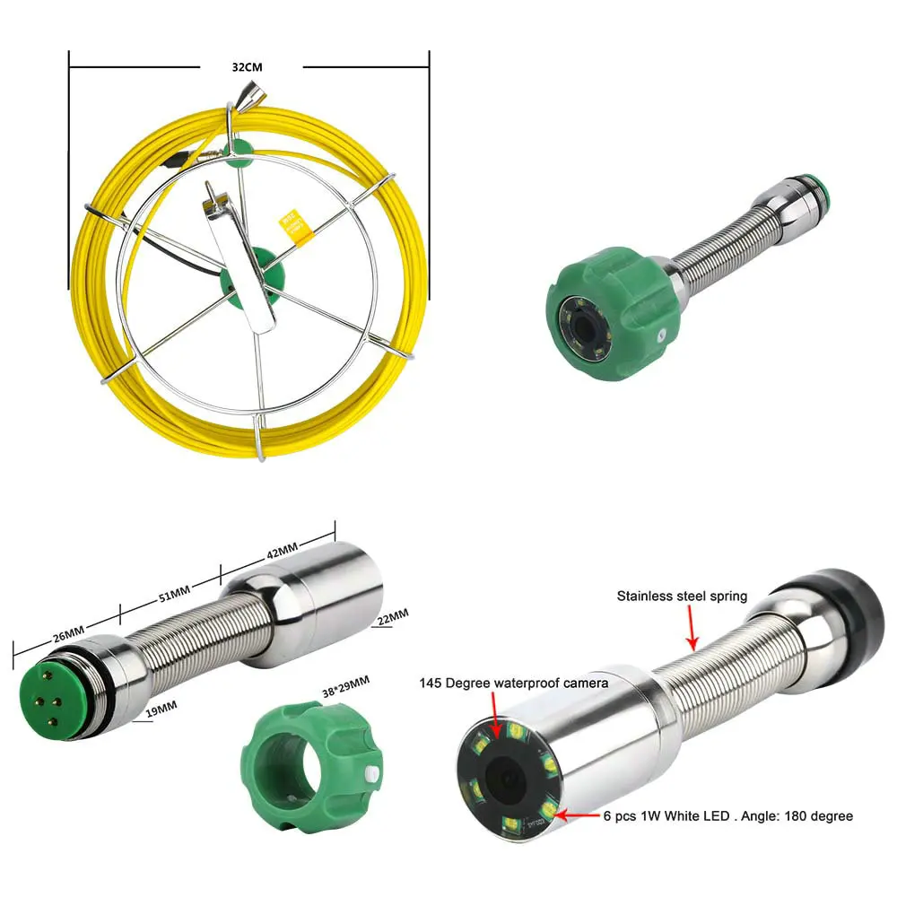 Alpinone-caméra vidéo d'inspection des égouts | 9 pouces DVR 22mm, système de caméra vidéo d'inspection industrielle, caméra TVL IP68 1000 avec 6W 8G 40m 50m