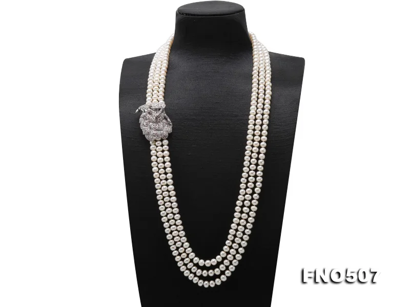 Elegant Ladies Necklace Perfect 7-8mm Natural White Freshwater Pearl Long Necklace White Rhinestone Flower Jewelry Loving Gift