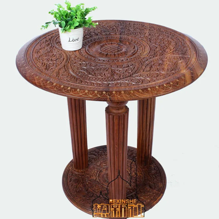 Pakistan imported wood carvings three leg table antique wood pure hand carved round coffee table