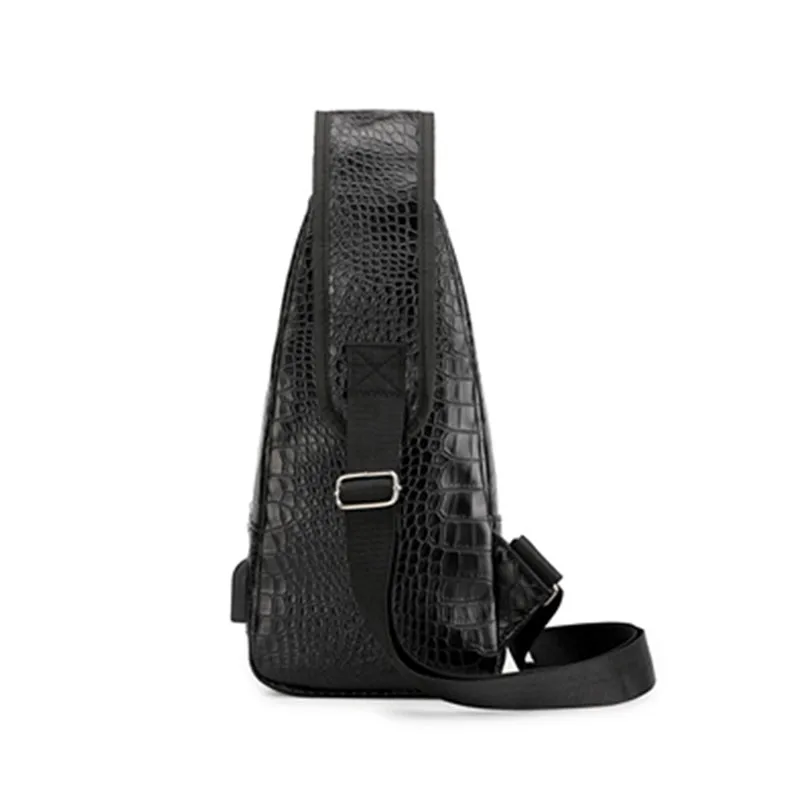 New Men Diagonal Crossbody Bag Pu Crocodile Pattern Sports USB Chest Bag Outdoor Package Shoulder Messenger Bag