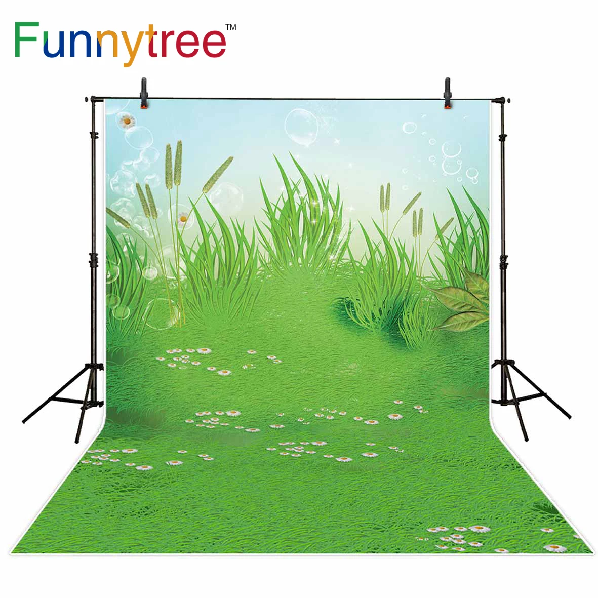 Фон Funnytree для фотостудии с изображением зеленой травы и пузырьков