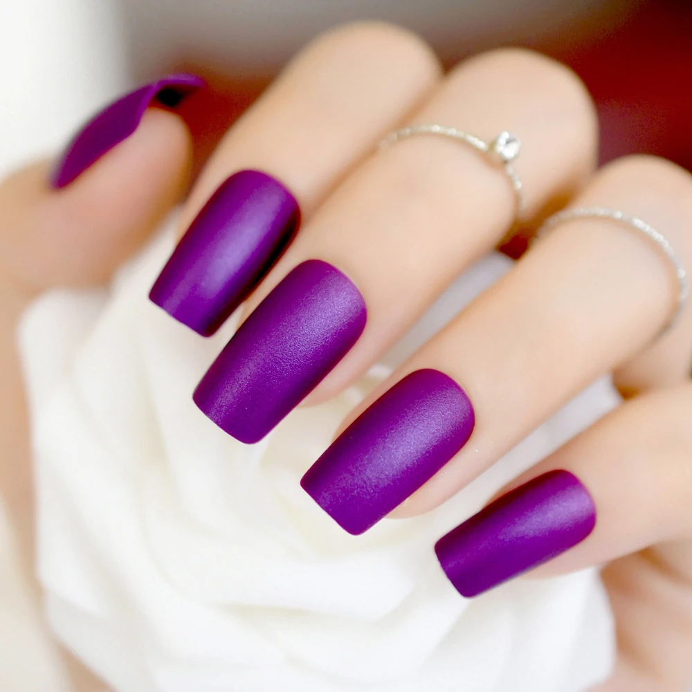 Unhas artificiais completas acrílicas do falso do falso do prego do falso matte longo roxo elegante nep