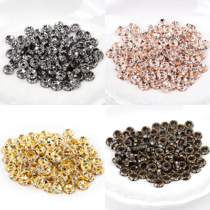 50pcs 4 6 8 10mm Gold Rhinestone Rondelles Crystal Bead Loose Spacer Beads for DIY Jewelry Making Accessories Supplie