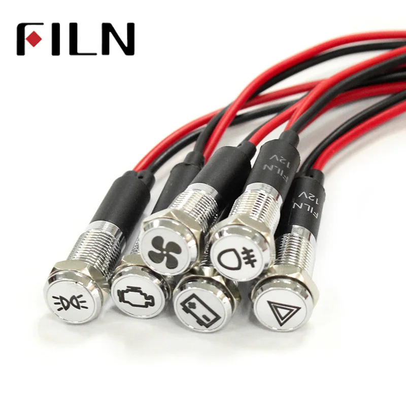 FILN-luces LED de señal para salpicadero de coche, lámpara de 8mm, 12V, rojo y amarillo, luz piloto con símbolo, 50 unidades