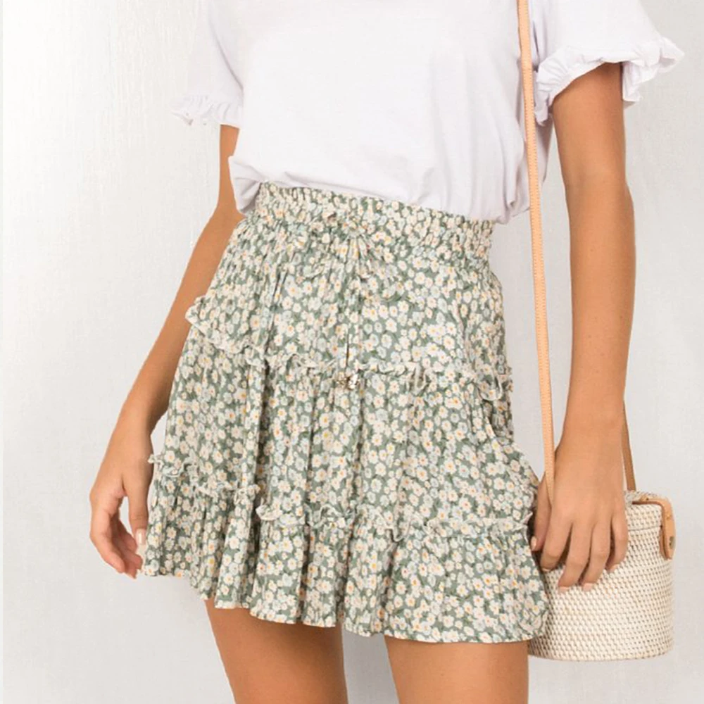 Women Floral Print Skirt Fashion Boho Mini High Waist Ruffled Beach Short Skirt Streetwear Oversized faldas mujer moda 2021