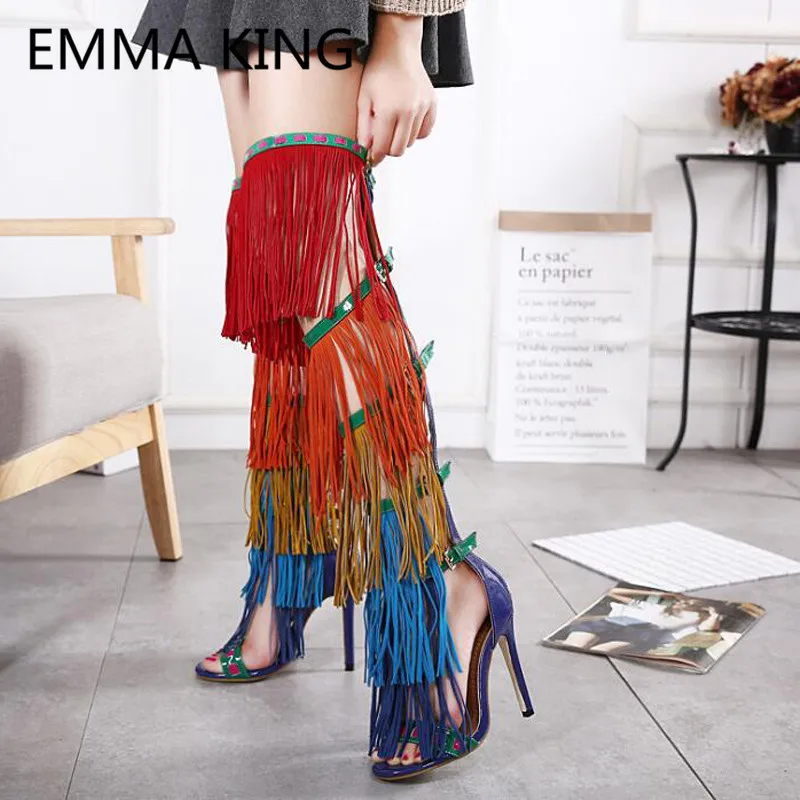 2019 Rainbow Fringe Summer Over The Knee Boots For Women Gladiator Sandals Open Toe Sexy Ladies Platform Shoes Woman High Heels