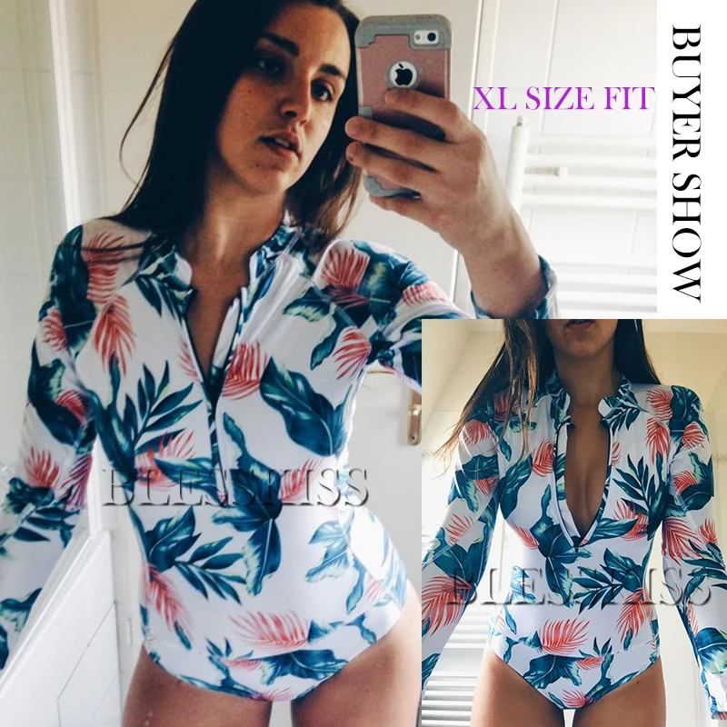 1 One Piece Swimsuit Women 2022 Plus Size Long Sleeve Zipper Swimwear Bathing Suit Print Floral Onepiece Swim Suit Surfing Wear