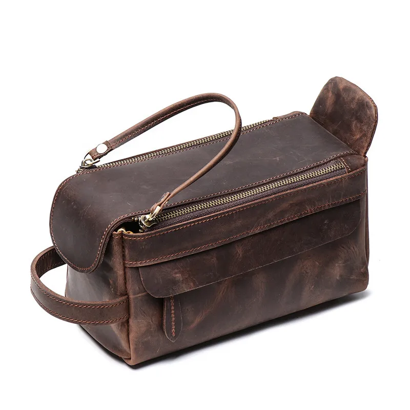 Nesitu Vintage Brown Black Thick Genuine Crazy Horse Leather Women Men Cosmetic Bag Travel Toiletry Wash Bag Make Up Bag M9049