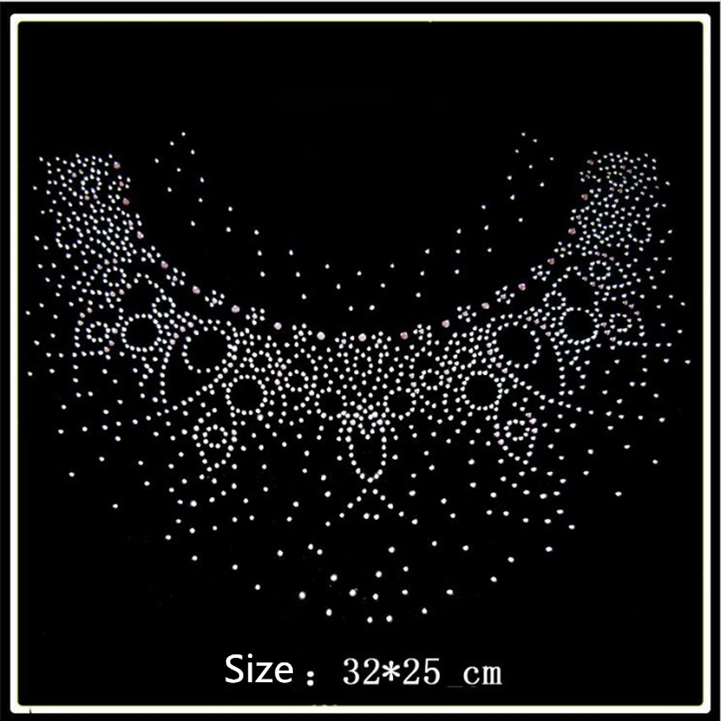32*25cm Round collar hotfix rhinestones motif heat transfer iron on patch garment accesspries patch for women dress neckline