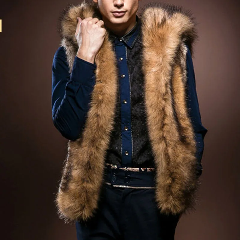 New Fashion Winter Men Fur Vest  Thick Fur Hooded Vests Men Waistcoats Males Sleeveless Outerwear Brand Clothing Coat Vests