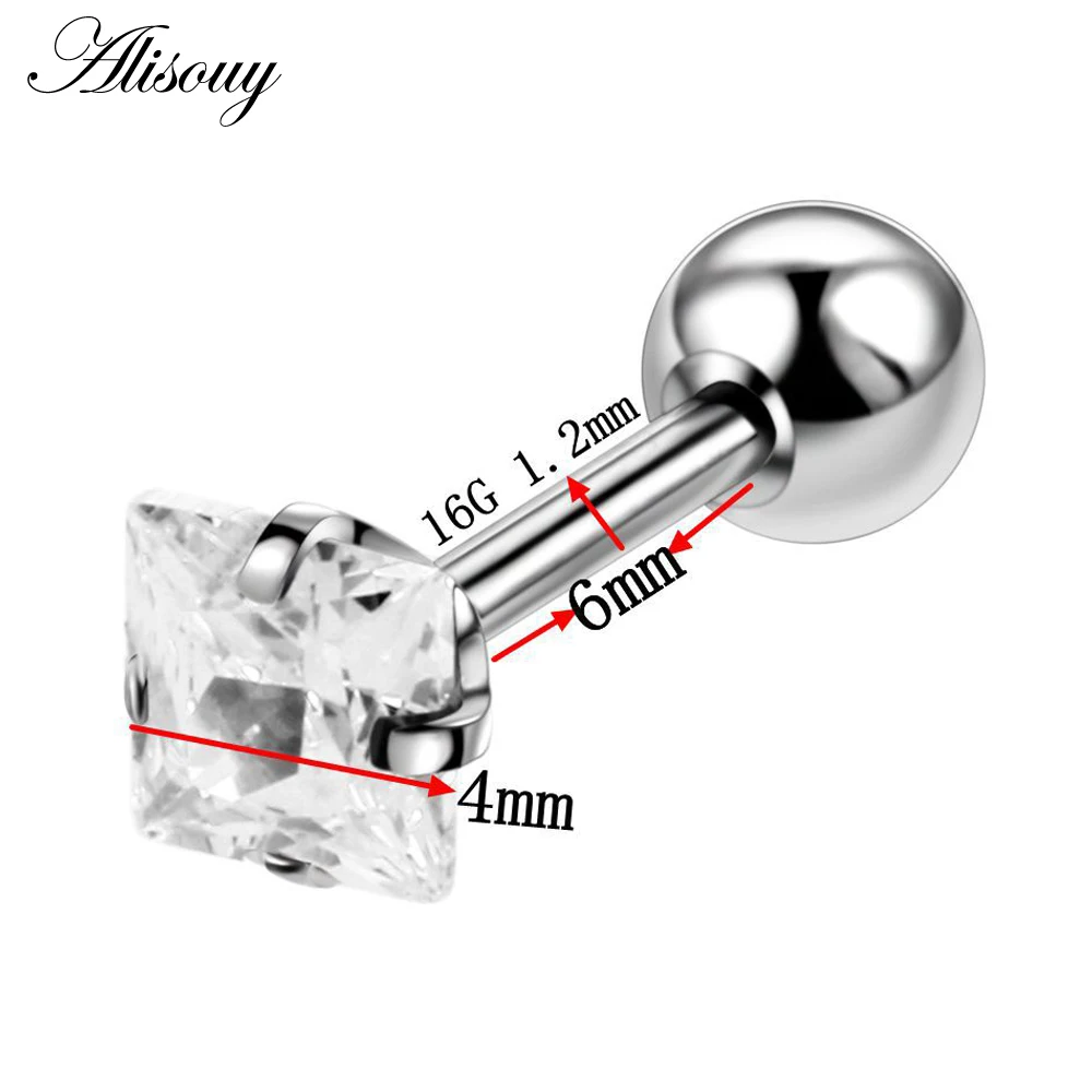Alisouy 2PCS เหล็กหู Tragus กระดูกอ่อนเจาะ Helix Piercing Square Zircon ต่างหู Barbell บาร์หู Studs เจาะ Orelha