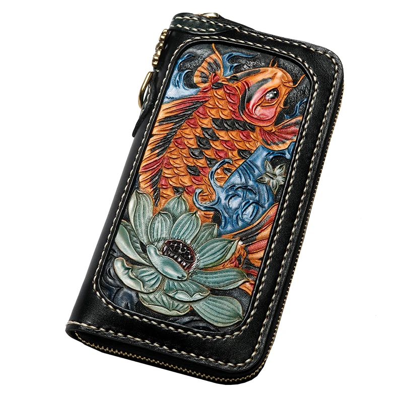 Men Genuine Leather Wallets Carving Copper Lotus Coin Carp Zipper Bag Purses Women Long Clutch Vegetable Tanned Leather Wallet