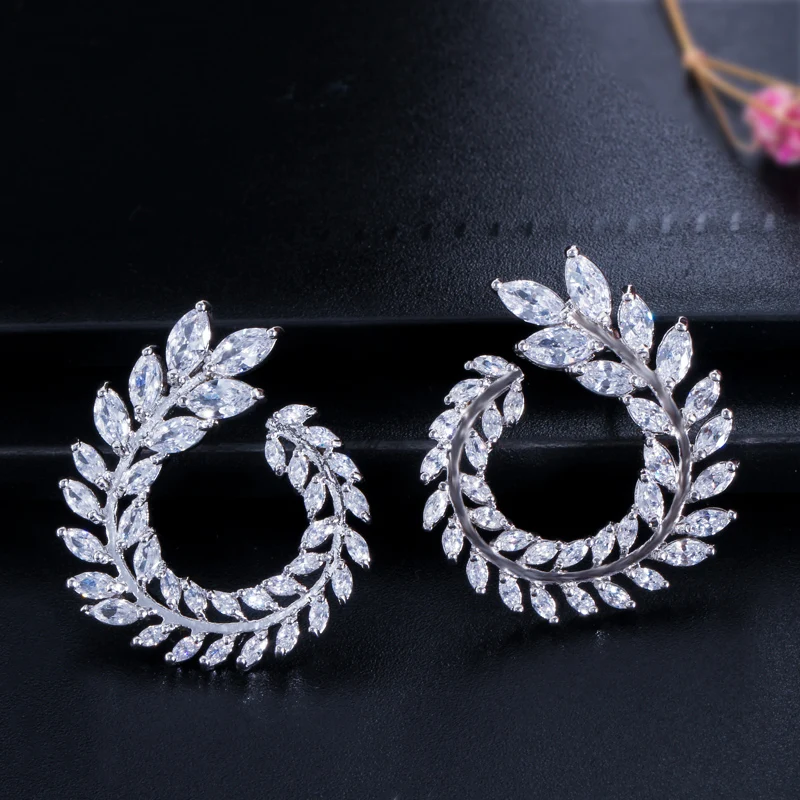 CWWZircons Sparkly Olive Branch Leaf Shape Marquise Cut Big Cubic Zirconia Stud Earrings For Women Fashion Brand Jewelry CZ363