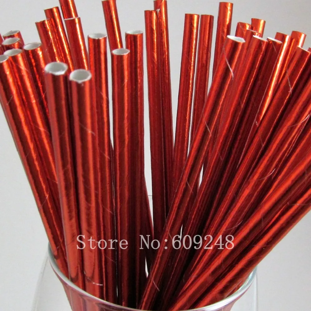 100 Pcs Plain Red Metallic Foil Paper Straws,Solid Pure Color Wedding Christmas Valentines Holiday Birthday Party,Mason Jar Bulk