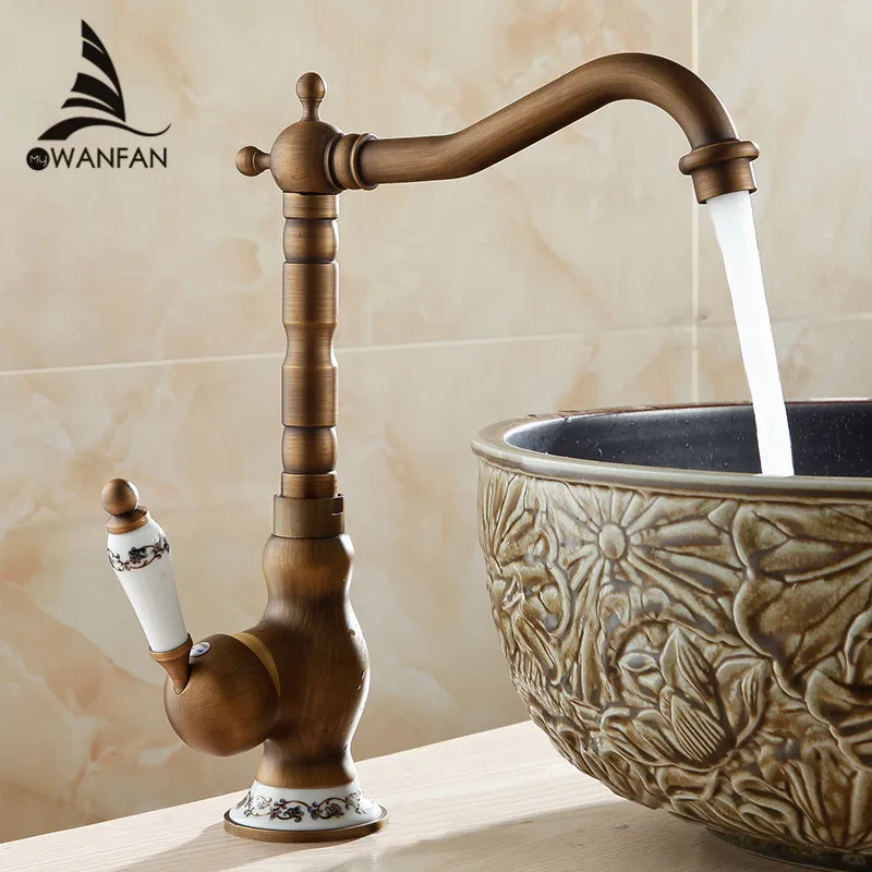 Basin Faucets Antique Bathroom Sink Mixer Grifo Lavabo Single Handle Single Hole WC Bathroom Faucet Brass Hot and Cold Tap 9210F