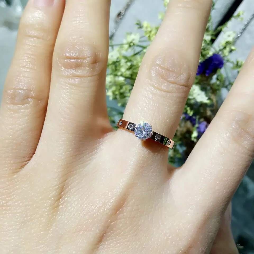 YUN RUO Brand Rose Gold Silver Color Big Zircon Crystal Couple Rings for Woman Man Wedding Fashion 316 L Stainless Steel Jewelry