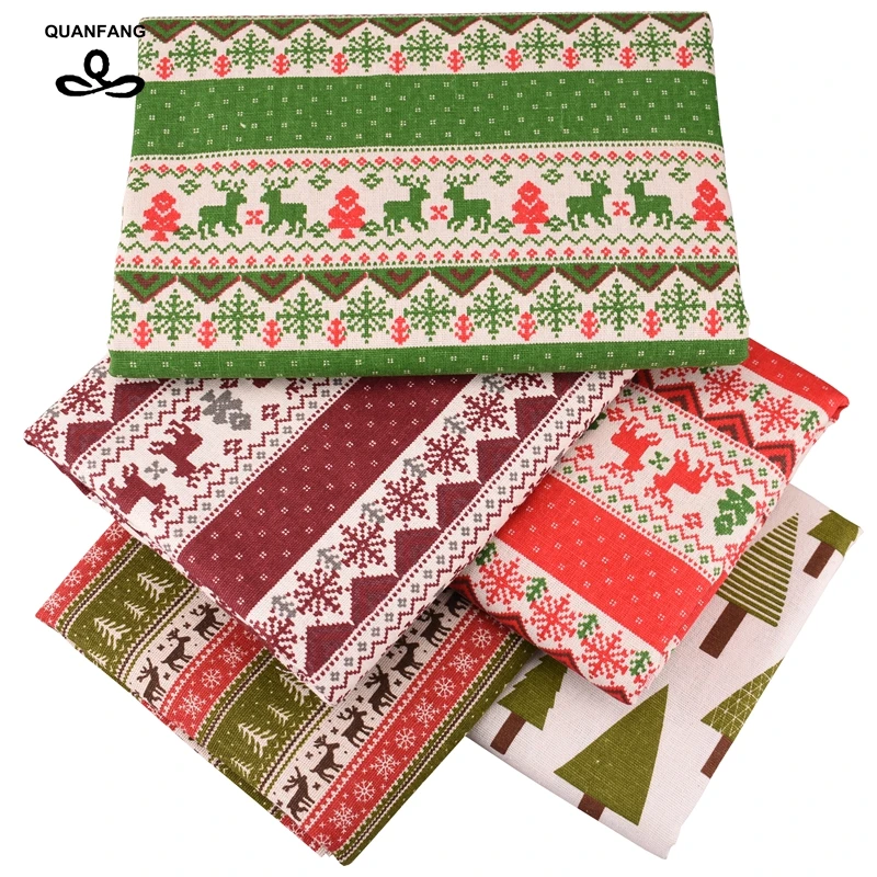 QUANFANG 5 pz/lotto Serie Di Natale Stampato In Cotone E Lino Tessuto Per Patchwork e FAI DA TE, Quilting, Cucito, Divano, borsa tavolo, Tenda,