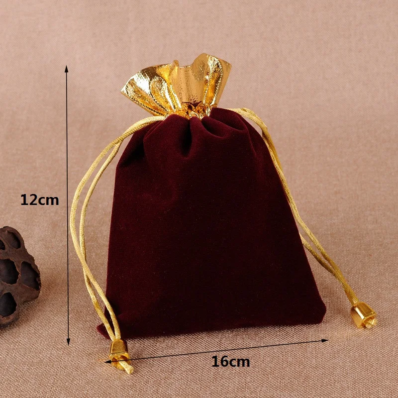 50pcs/lot 12x16cm Gold Opening Velvet Bags Jewelry Christmas Packaging Bag With Bell Drawstring Gift Pouch Custom Logo Print