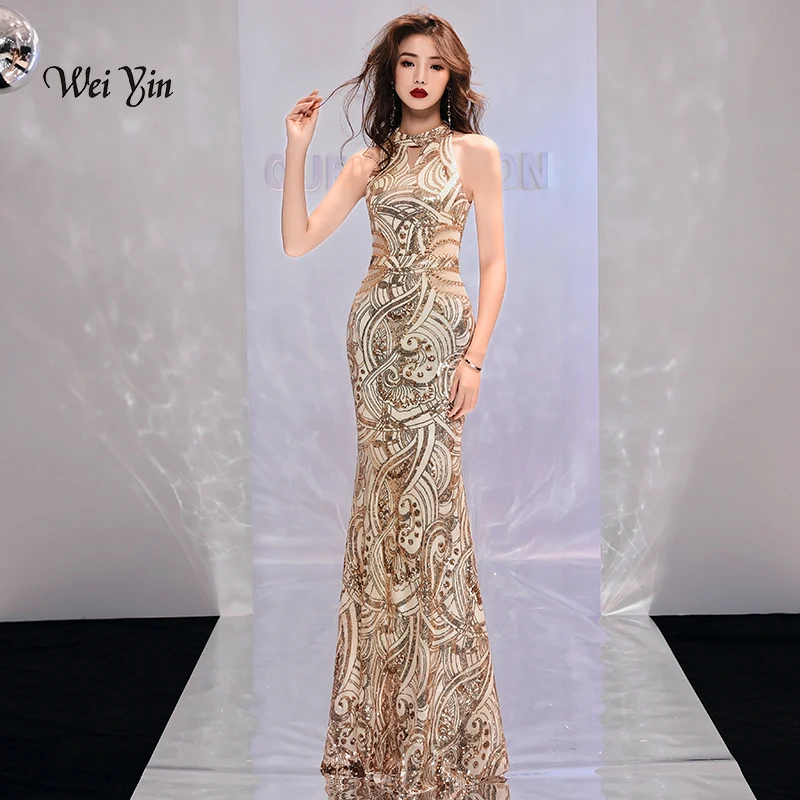 

weiyin Gold Mermaid Evening Dresses 2023 Sequins Sukienka Sleeveless Formal Women Party Dress Robe Soiree Sheer Prom Gowns