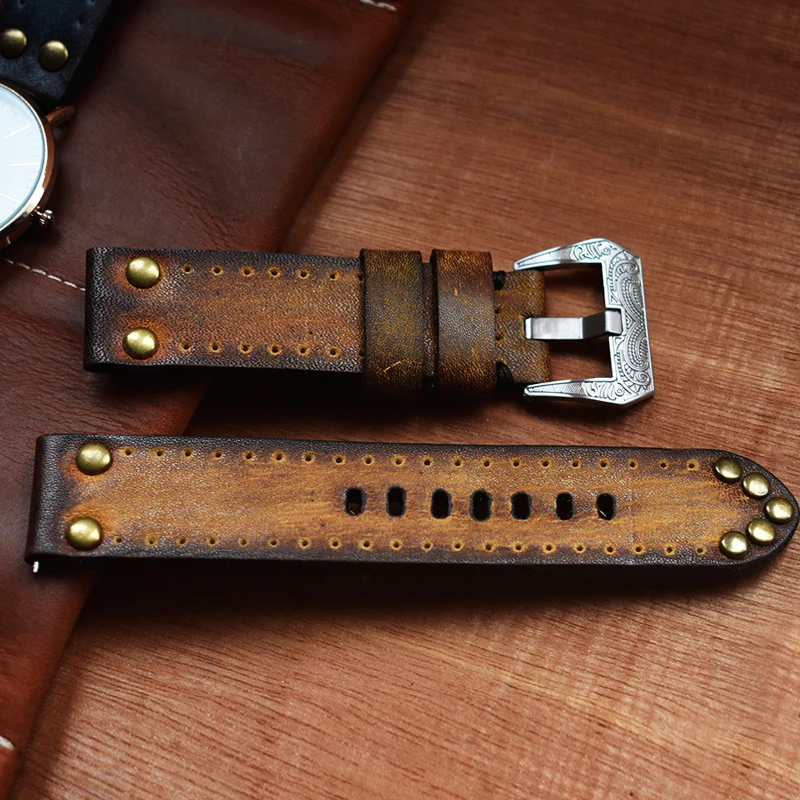 Retro Watch Strap Leather 18mm 20mm 22mm 24mm Watch Band Strap for Panerai Brushed Stainless Stee Carved Clasp Accessories