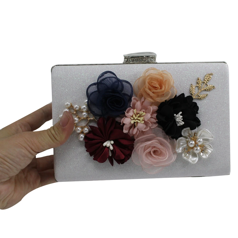 Bolso de mano para mujer, morral duro de dos Minaudiere Floral brillante de la flor de la pu con el bolso del taladro perlas de la noche del boda especial, novedad de 2018