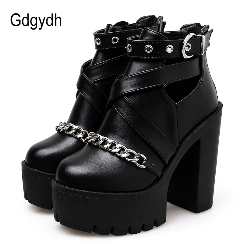 Gdgydh Plus Size 42 Fashion Chain Women Shoes Zipper Square High Heel Ankle Boots For Women Punk Shoes Platform Spring Autumn