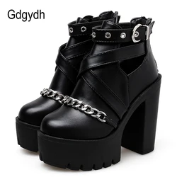 Gdgydh Plus Size 42 Fashion Chain Women Shoes Zipper Square High Heel Ankle Boots For Women Punk Shoes Platform Spring Autumn